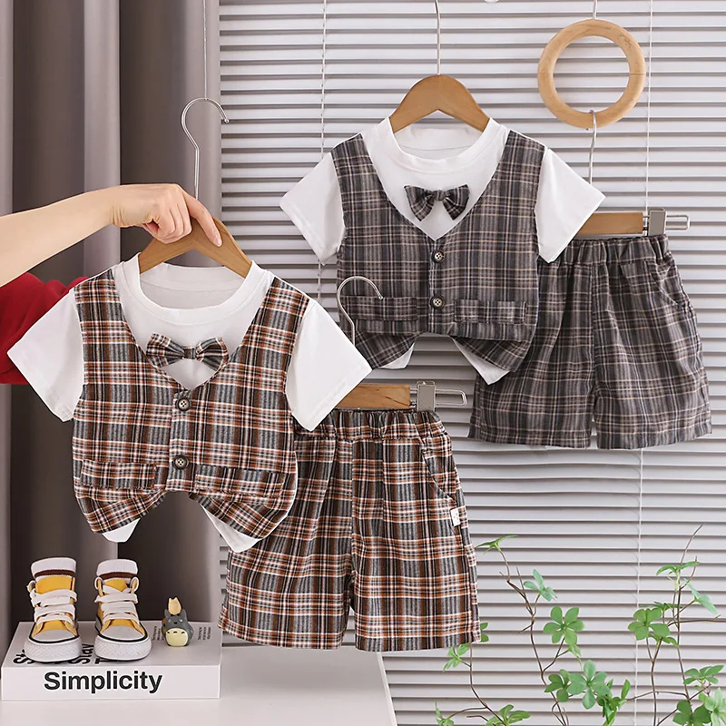 Baby Boy 2PCS Formal Outfit Plaid Vest Style Short Sleeve Shirt with Bow Tie & Plaid Shorts Set for Kids Birthday Wedding Party