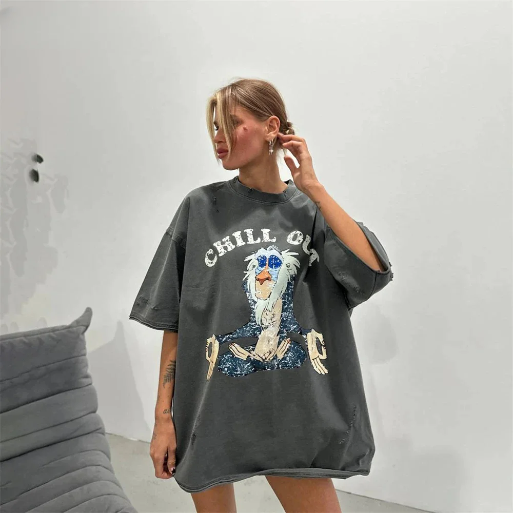 2024 Basic Casual Women's Summer Print Short-sleeved Jumper Loose Korean 90S  Street Fashion Crew Neck Top Short-sleeved