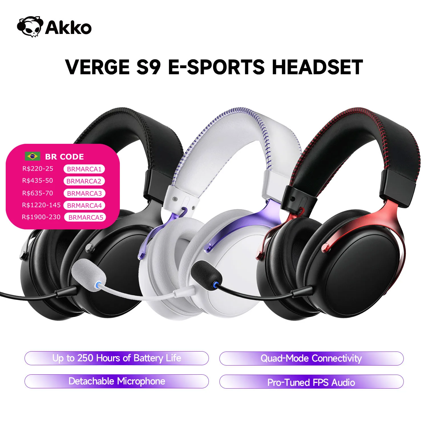 

Игровая гарнитура AKKO Verge S9 с микрофоном, четырехрежимная, с объемным звуком 7.1, профессионально настроенная для FPS, 53-мм динамик