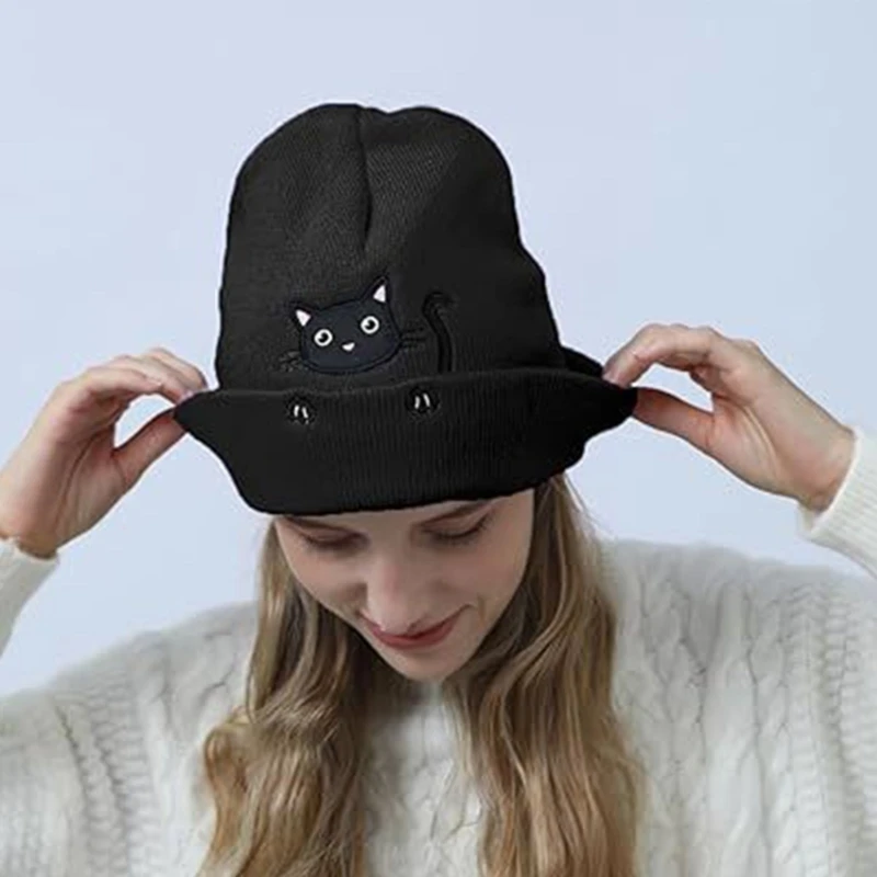 Unique Knit Hat Embroidered Kitten Winter Hat Pullover Casual Streetwear Photo Props Women Men Breathable Caps