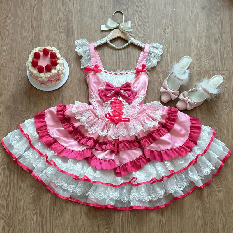 Sweet Lolita Style Cartoon Print Princess Dress Women Cute Bow Lace Party Strap Dresses Girly Harajuku Kawaii Y2k Mini Vestidos