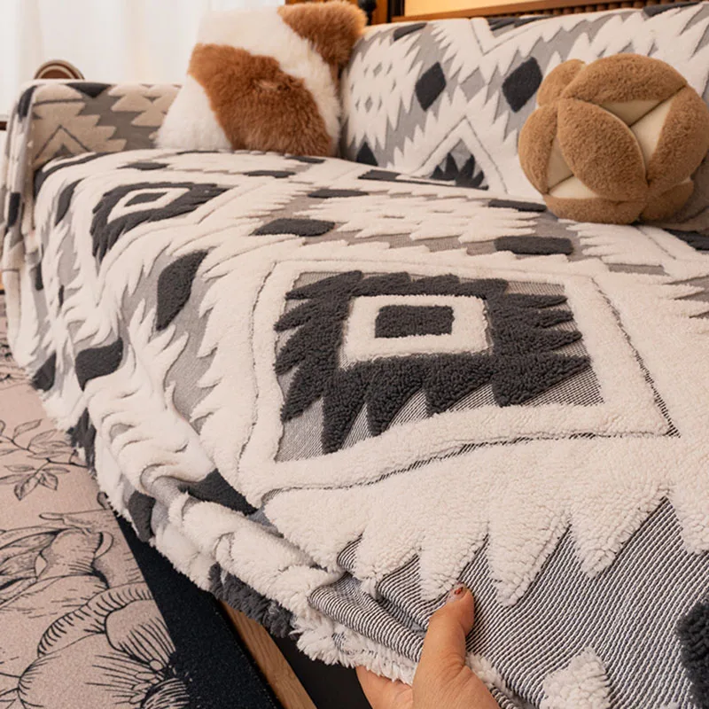 

Bohemian Geometric Jacquard Sofa Cover Skin-Friendly Plush Warm Sofa Towel for Home Multi-Purpose Knee Blanket for All Seasons