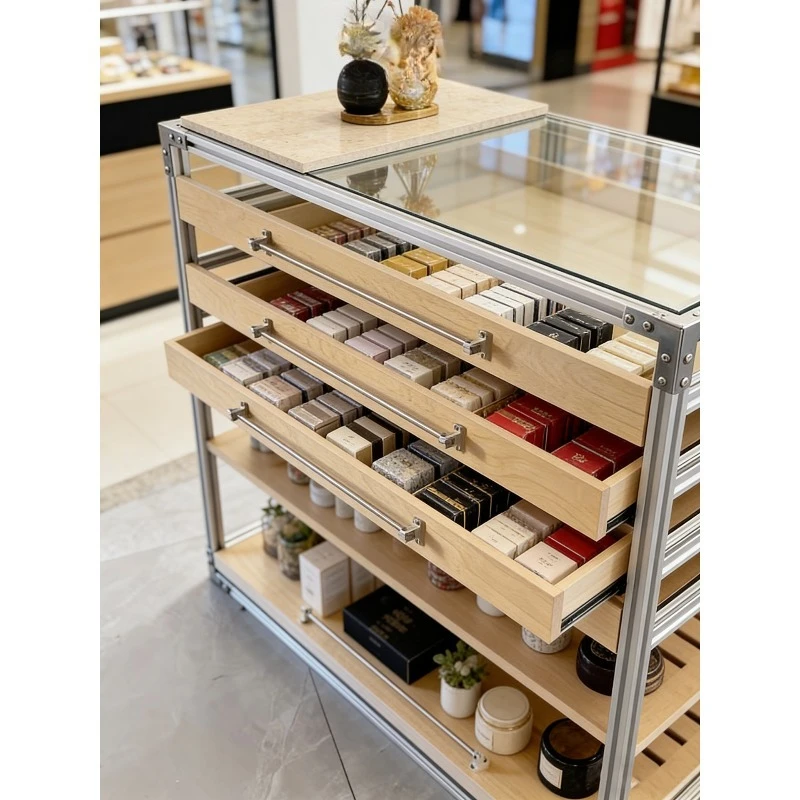 Aluminum profile wooden multi-layer drawer type storage chest cabinet ocean plate glass desktop storage cabinet