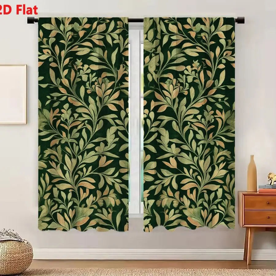 2Pcs Curtains Add 2D Flat Seamless Floral Pattern With Sage Green Beige And Peach Motifs On Deep Forest Green Background Window