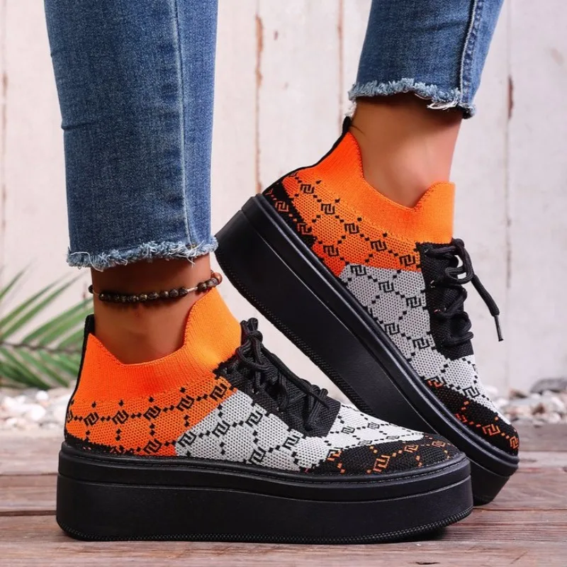 Спортивная обувь на плоской подошве, женские сетчатые вязаные дышащие удобные кроссовки на шнуровке с круглым носком, женские одинарные туфли на толстой подошве