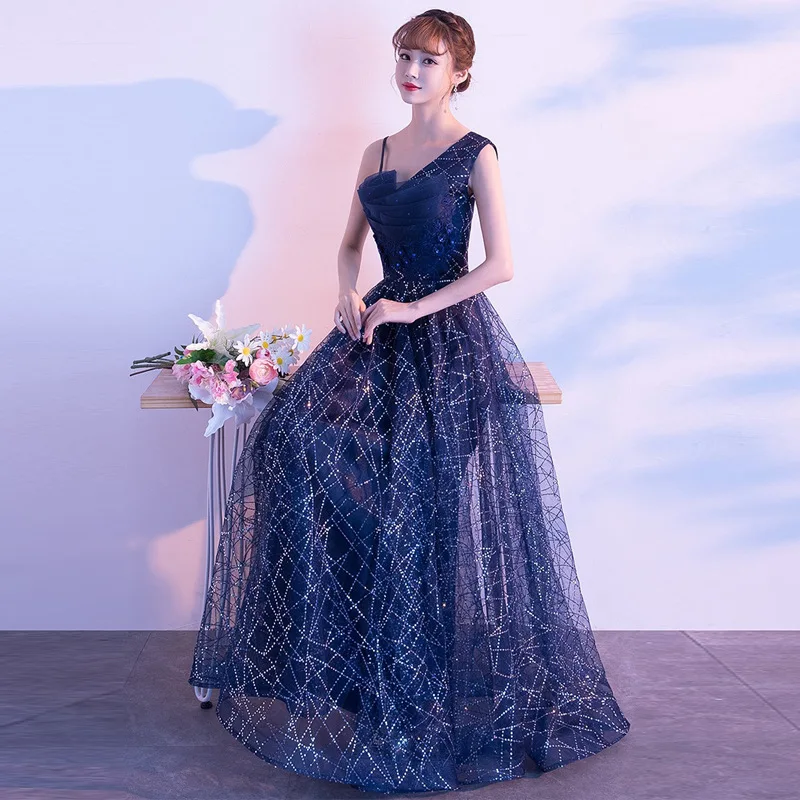 イブニングドレス女性のための新しいスタイル 2025 エレガントな星空グラデーションホステスパフォーマンス高貴な女性のドレスブルー夏