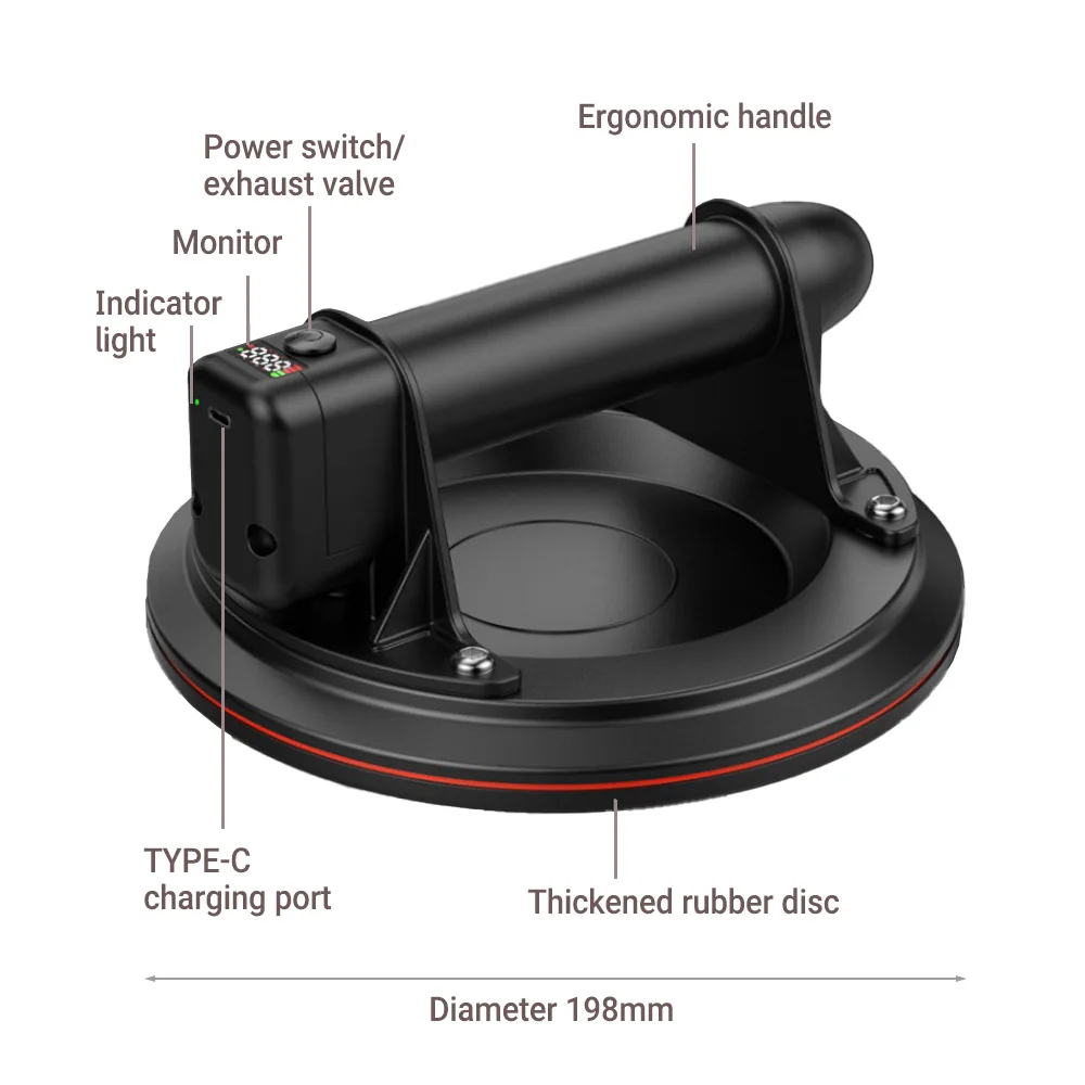 8Inch Electric Vacuum Suction Cup 200kg Load Capacity With Ergonomic Grip For Glass Handling & Tile Installation Construction