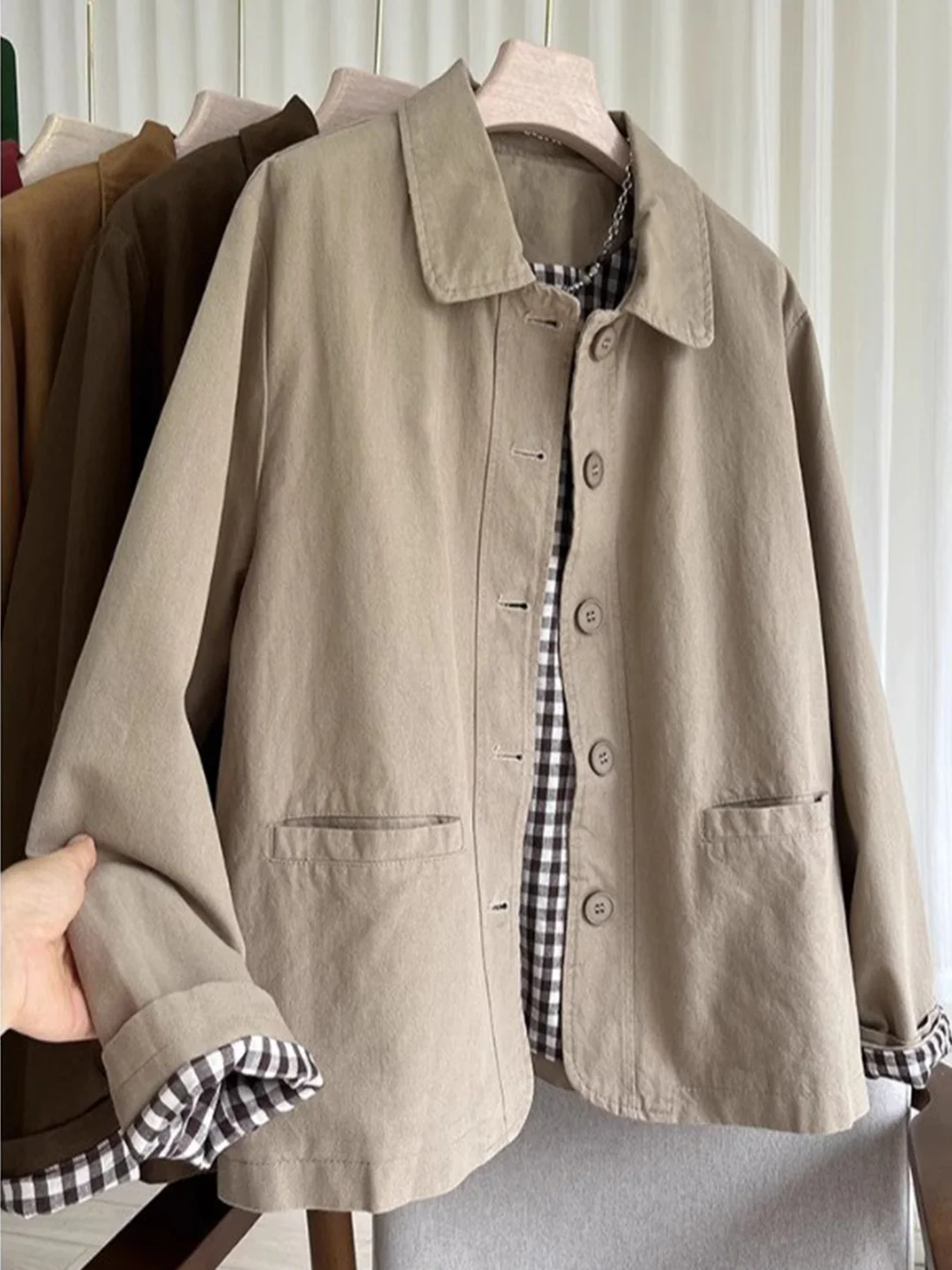 

Ретро Feel ort Jaet Женский весенне-осенний свободный повседневный клетчатый кардиган на подкладке с отложным воротником, открытый кардиган, топ для поездок на работу, длинный...