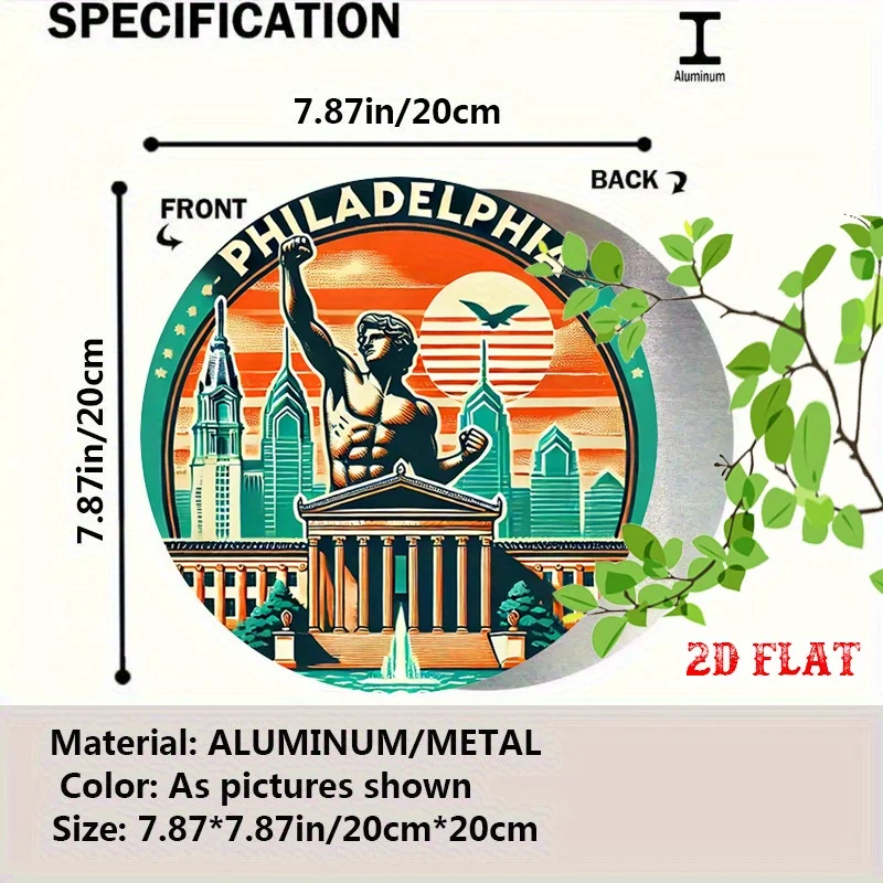 2D Flat - Aluminum Metal Sign Featuring a 2D Flat Sunset Scene, a Round Urban Statue Design, And a Cityscape Measuring