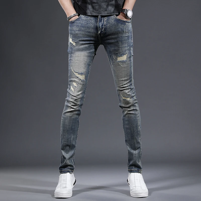 

Vintage Ripped Men's Jeans Streetwear Slim Fit Denim Pants Casual Retro Blue Stretch Trousers CP2188