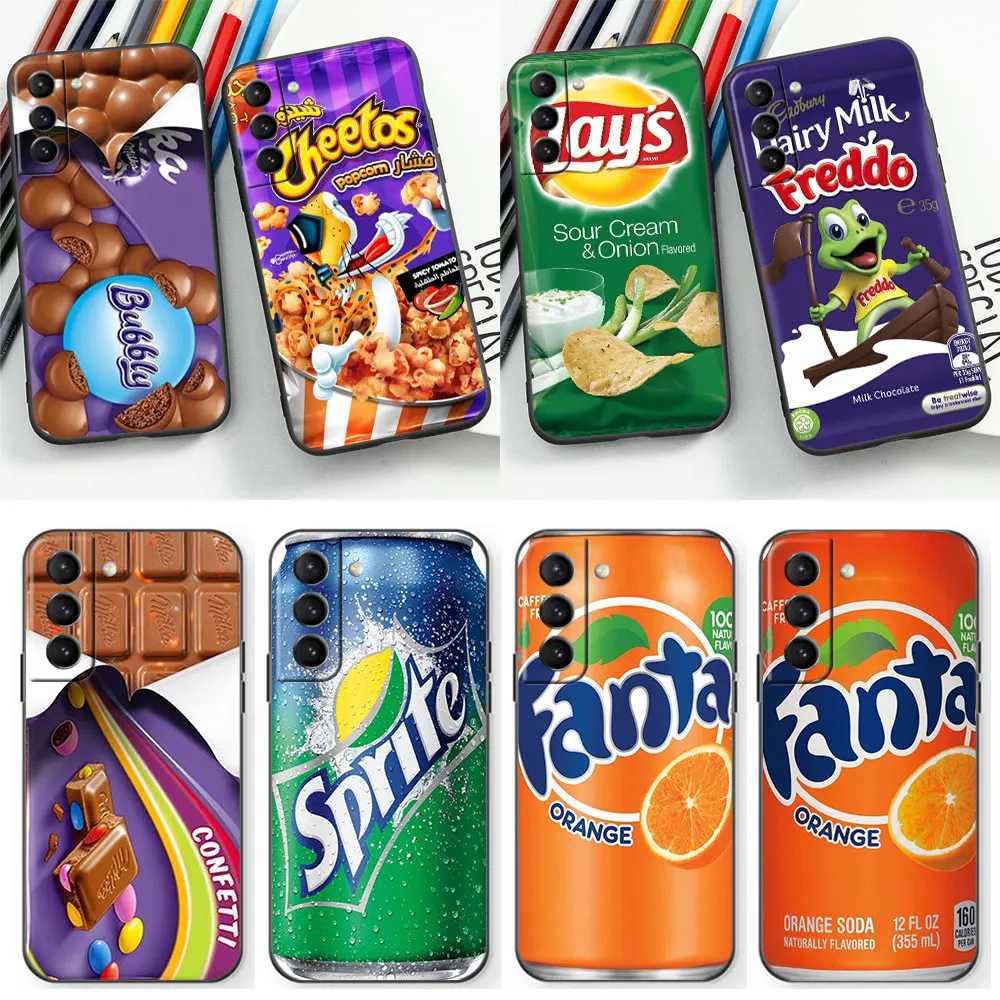 Chocolate Potato Chips Cola Biscuit Phone Case For Samsung Galaxy S24 S23 S22 S21 S20 Ultra 5G Fe S10 S10E S9 Plus Black Cover