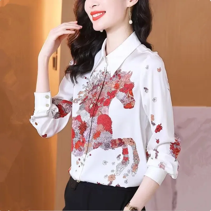 

Женская элегантная блузка с цветочным принтом и лошадьми, с длинным рукавом, отложным воротником, приталенная, повседневная