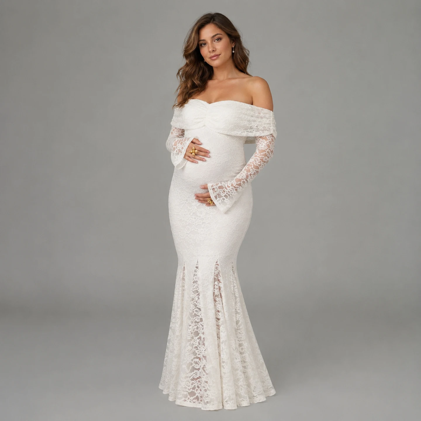 Off-The-Shoulder Fitted Gown for Baby Shower Pregnancy Dress Photo Shoot