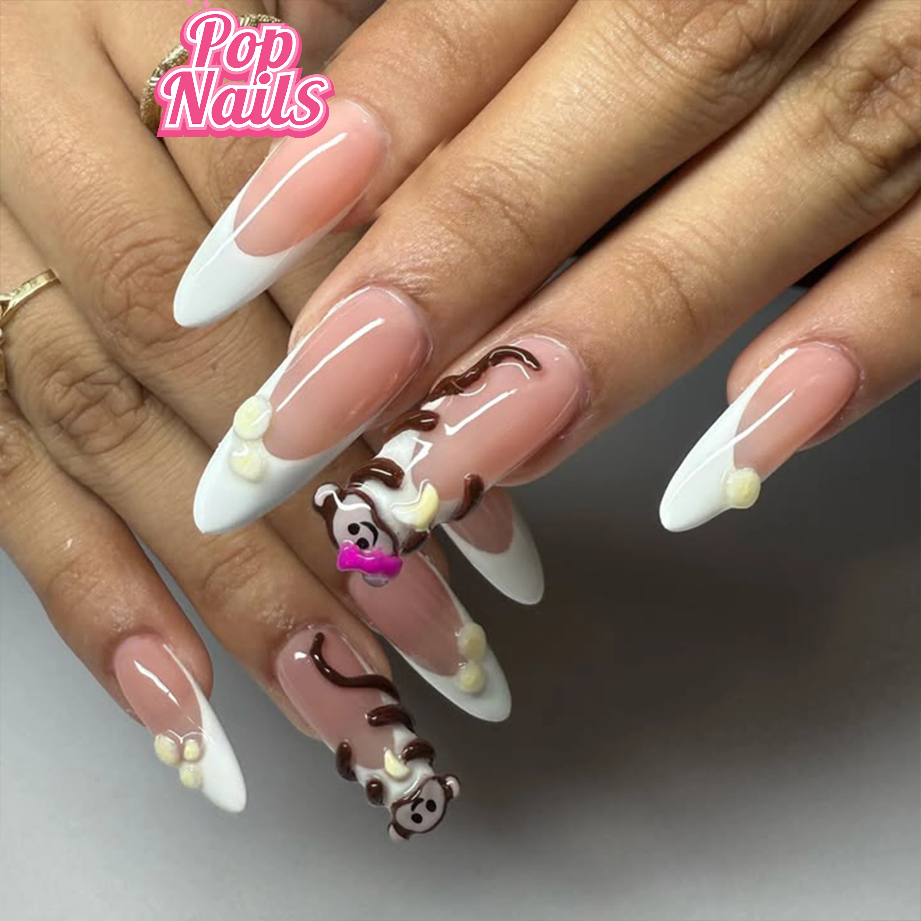 

3D Monkey Press on Nails White French Tips Nail Acrylic Hand Made Presson Supplies Kawaii Nails Pressons Y2k Fake Press on Nails
