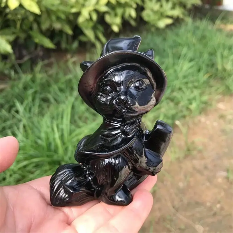 

Natural Black Obsidian Wizard Cat Carving Healing Crystal Animals Figurines Reiki Gemstone Crafts Home Decoration 1pcs