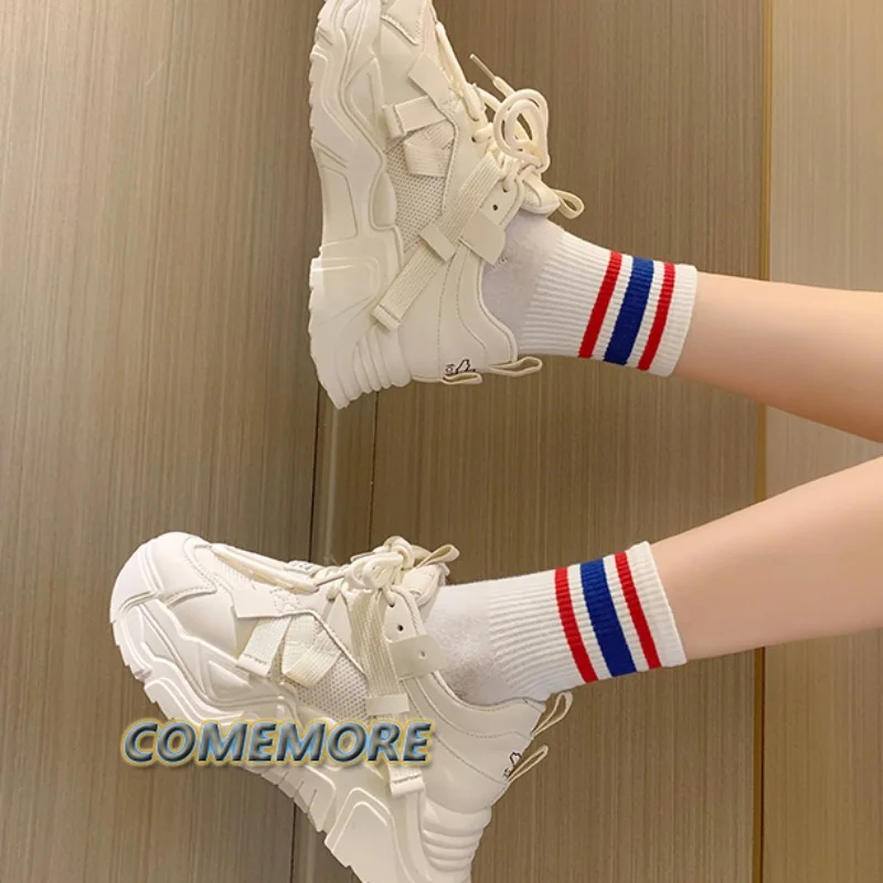 Women\'s Platform Chunky Sneakers 2023 New Lace Up Breathable Mesh Running Shoes for Woman Fashion Durable Ladies Tennis Shoes PU