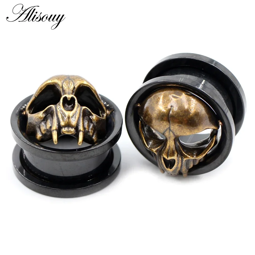2 Pieces 8-25mm Stainless Steel Antique Gold Skull Head Ear Piercing Tunnels Expanders Body Jewelry Earring Gauges Stretchers