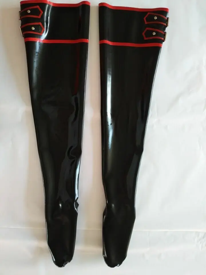 

100%Latex Rubber Pure Nature Black Long Tight Stocking Sock Decorative red 0.4MM