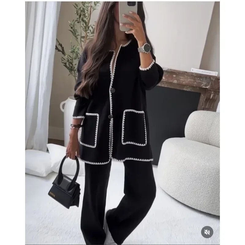 Elegant Chic Female 2024 Fashion Long Sleeve Pocket Coat Loose Pants Suit Outfits Streetwear Autumn Women Woolen Two Piece Set