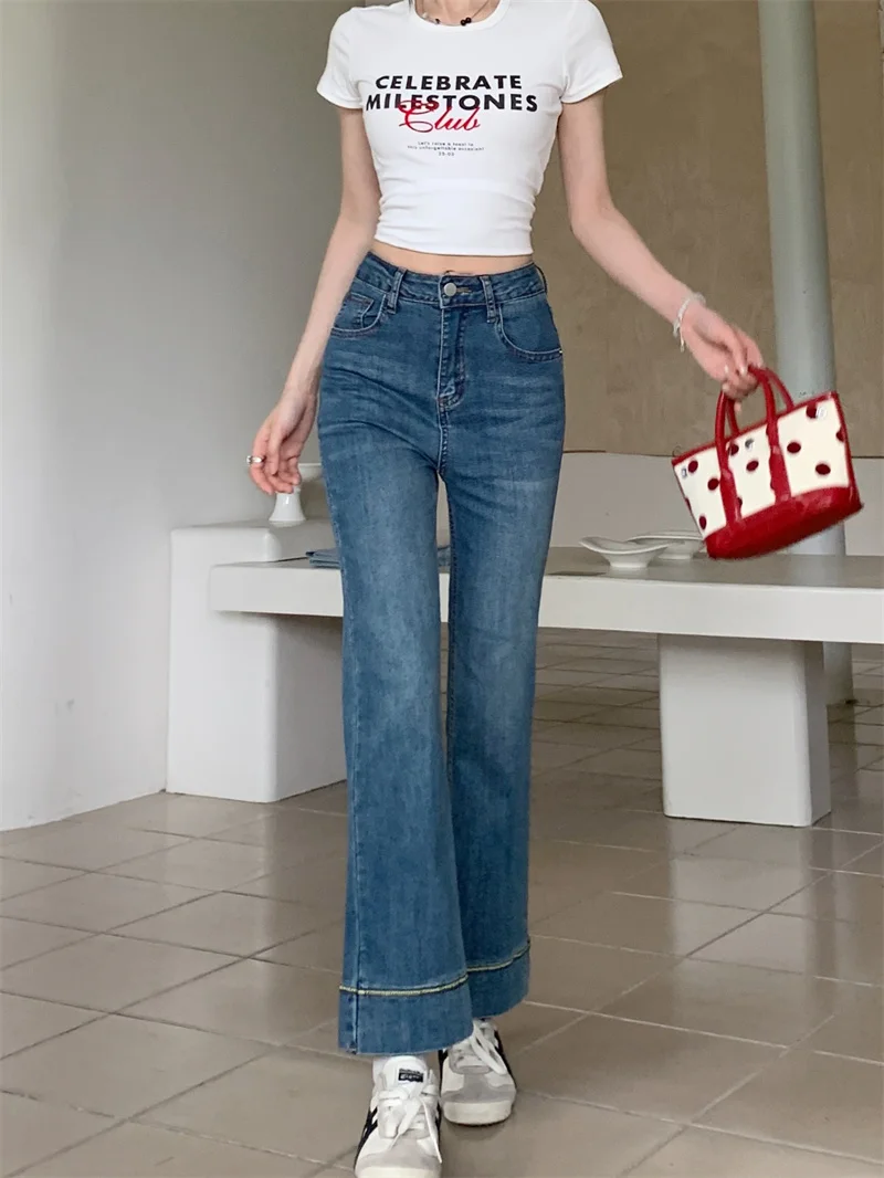 Vintage Medium Blue High Waist Straight Leg Jeans Women Cuffed Hem Contrast Stitch Design Draping Height Friendly Versatile Long Pants