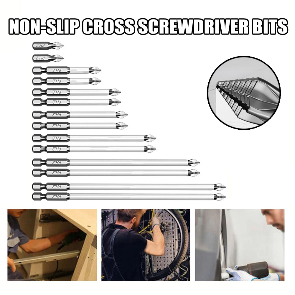 14pcs Non-SLIP CROSS ไขควง Bits 25-150 มม.ชุดหัว HEX Shank PH2 CROSS ไขควงชุดสําหรับ Home Maintenance