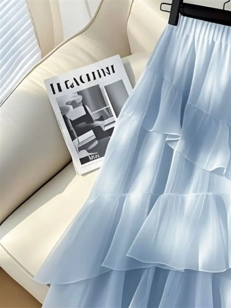 

Элегантная синяя шифоновая юбка А-силуэта с высокой талией, весна 2025, модный уникальный дизайн «торт», юбка-карандаш для офиса и повседневной носки