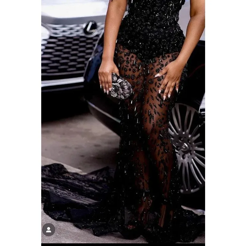 블랙 댄스 파티 드레스 인어 아프리카 아랍어 이브닝 가운 파란색 크리스탈 긴 파티 드레스 생일 드레스 맞춤형