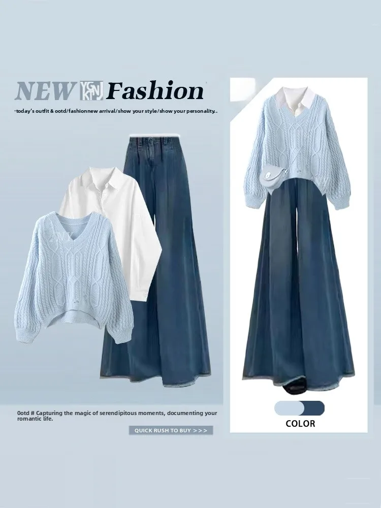 

Women's Knitted V-Ne Sweater High Waist Wide Leg Pants Two-Piece Set Winter Commute Gentle Lazy Sle Faion Set