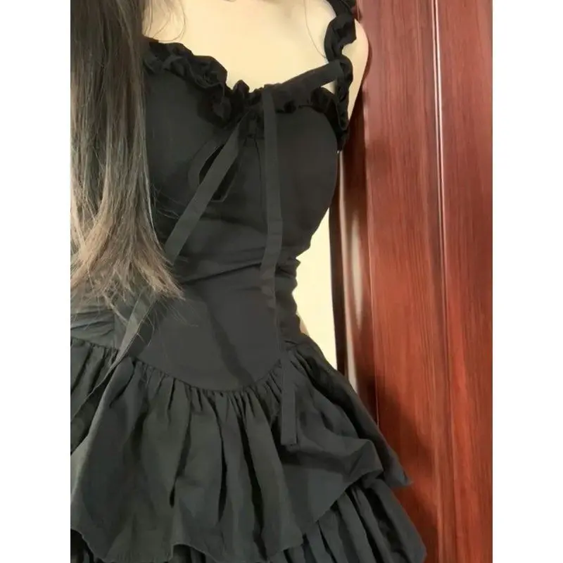 Strap Dress Children's Summer Niche Design Sense Temperament A-line Look Thin Pong Hepburn Little Black Dress