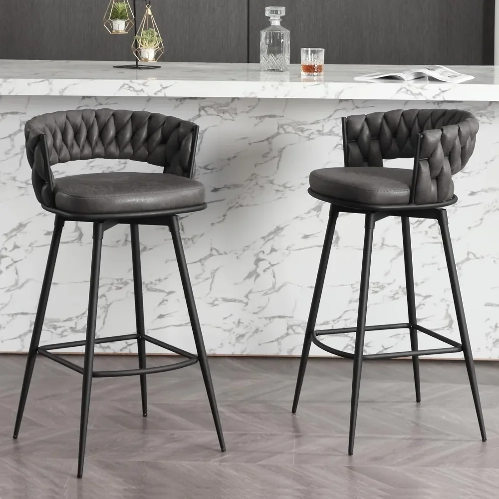 

Modern Bar Stools Set of 2, 30" Bar Height Barstools, 180° Swivel Suede Fabric Stool Chairs with Woven Back and Footrest