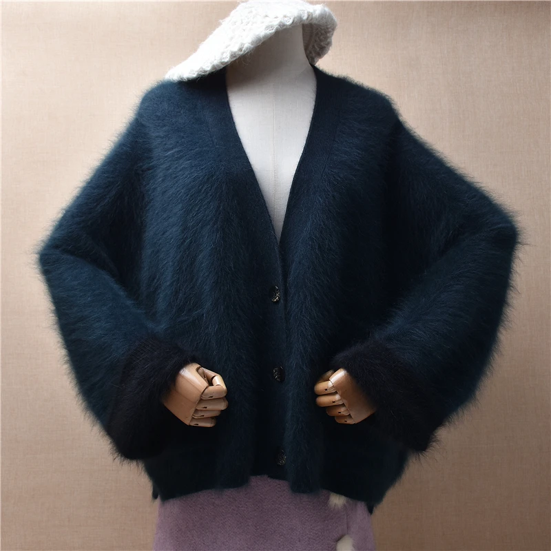 

Female Women Fall Winter Clothing Thick Warm Hairy Mink Cashmere Knitted V-Neck Long Sleeves Loose Cardigans Angora Sweater Coat