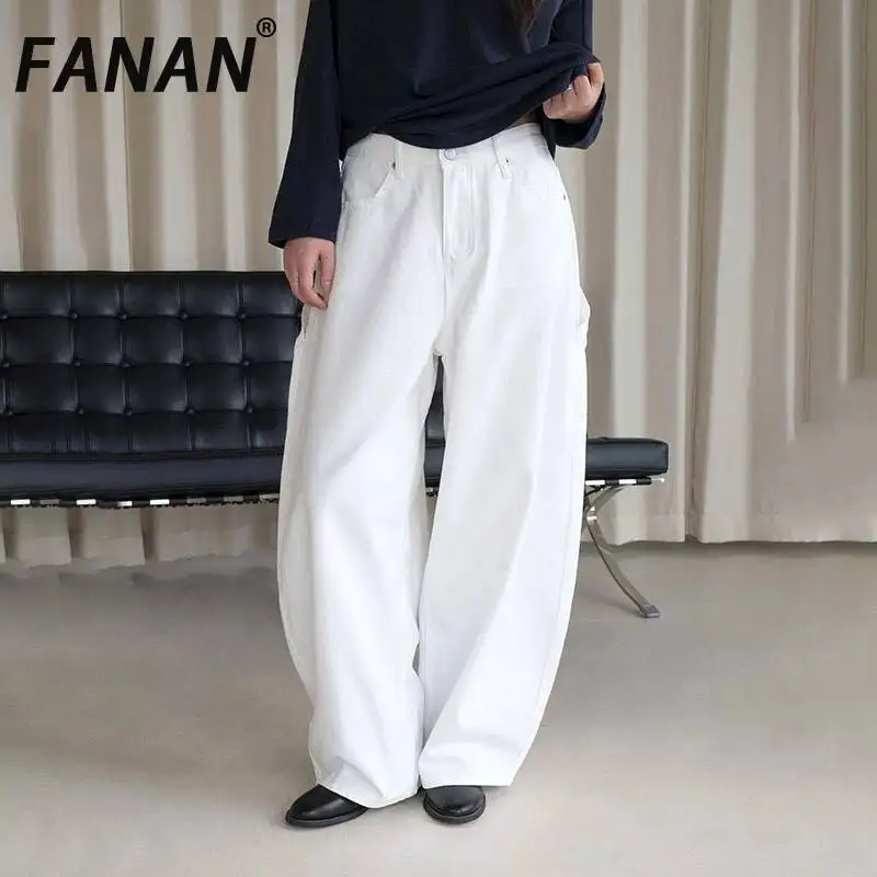 FANAN Women High Waist Cargo Wide Leg Jeans Loose Curve Baggy Casual Denim Trousers 2026 Autumn New Clothing