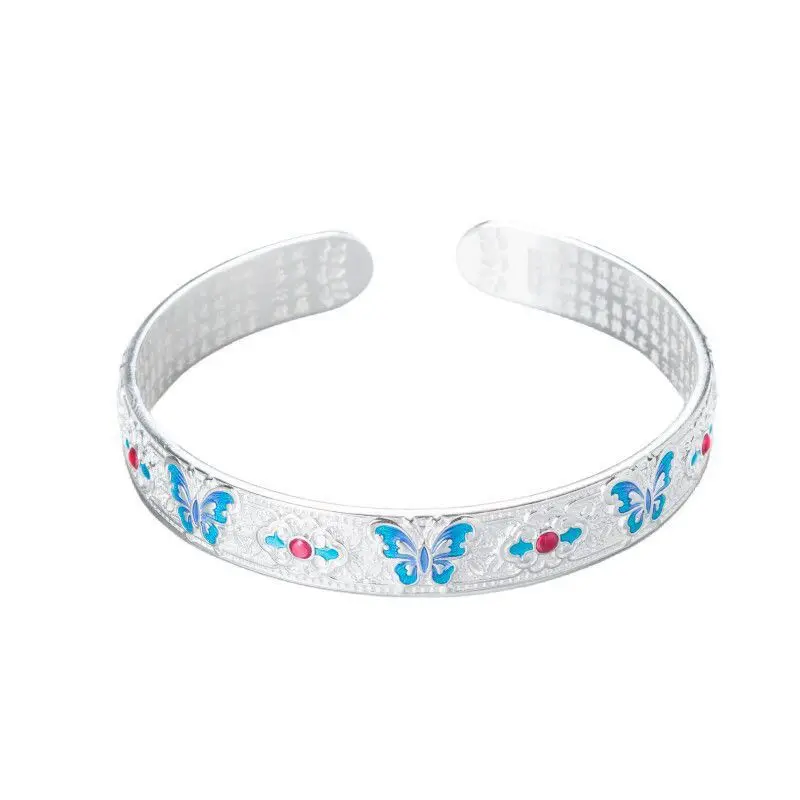 Vintage Silver Flat Disc Burned Blue Enamel Bangle - Butterfly & Heart Sutra Design Trendy Neo-Chinese Jewelry Gift for Her