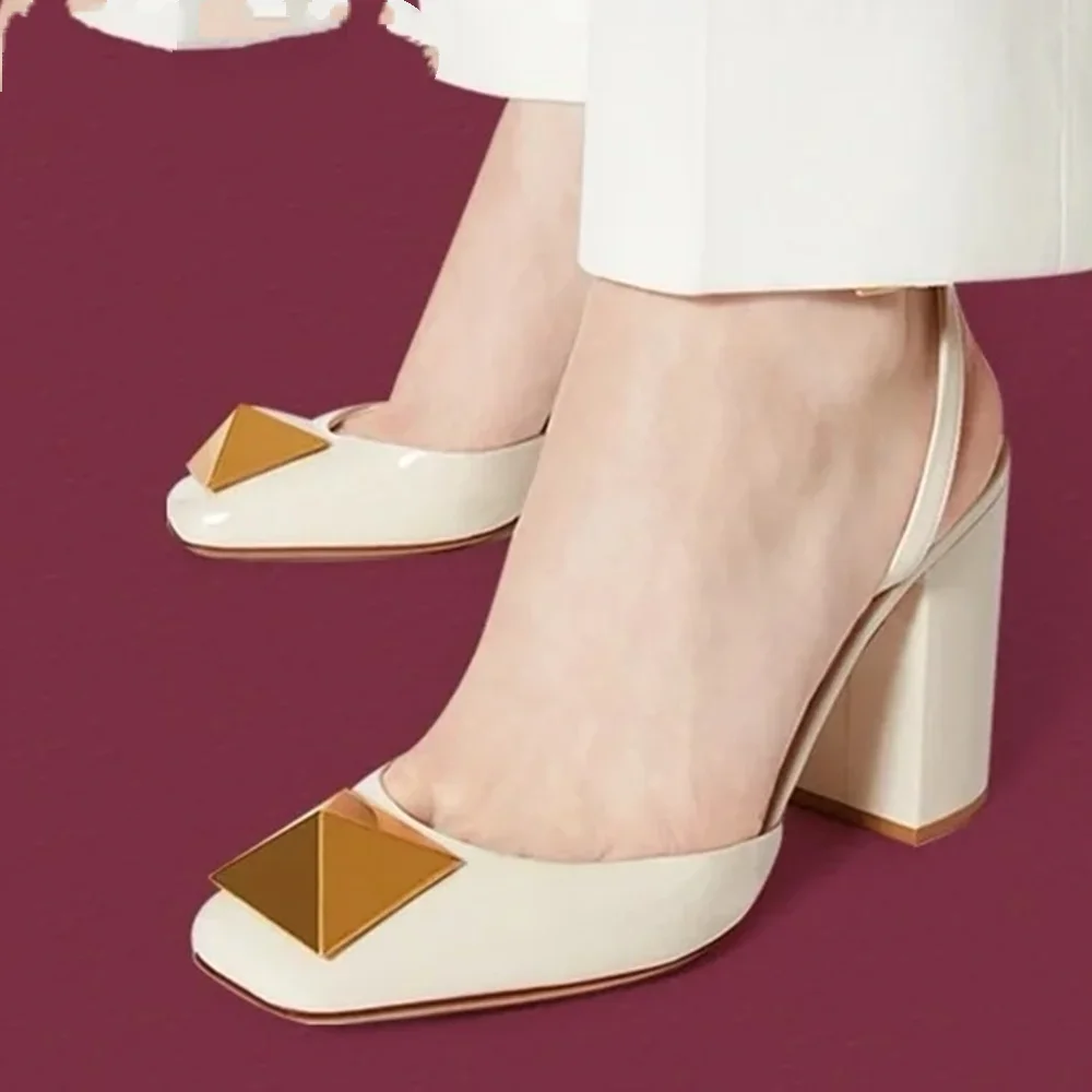 

Rivet Square Toe Chunky Heel SandalsShallow Ankle Buckle Strap Pink/white 8cm Sandals Women 2025 Spring Summer New High Heels