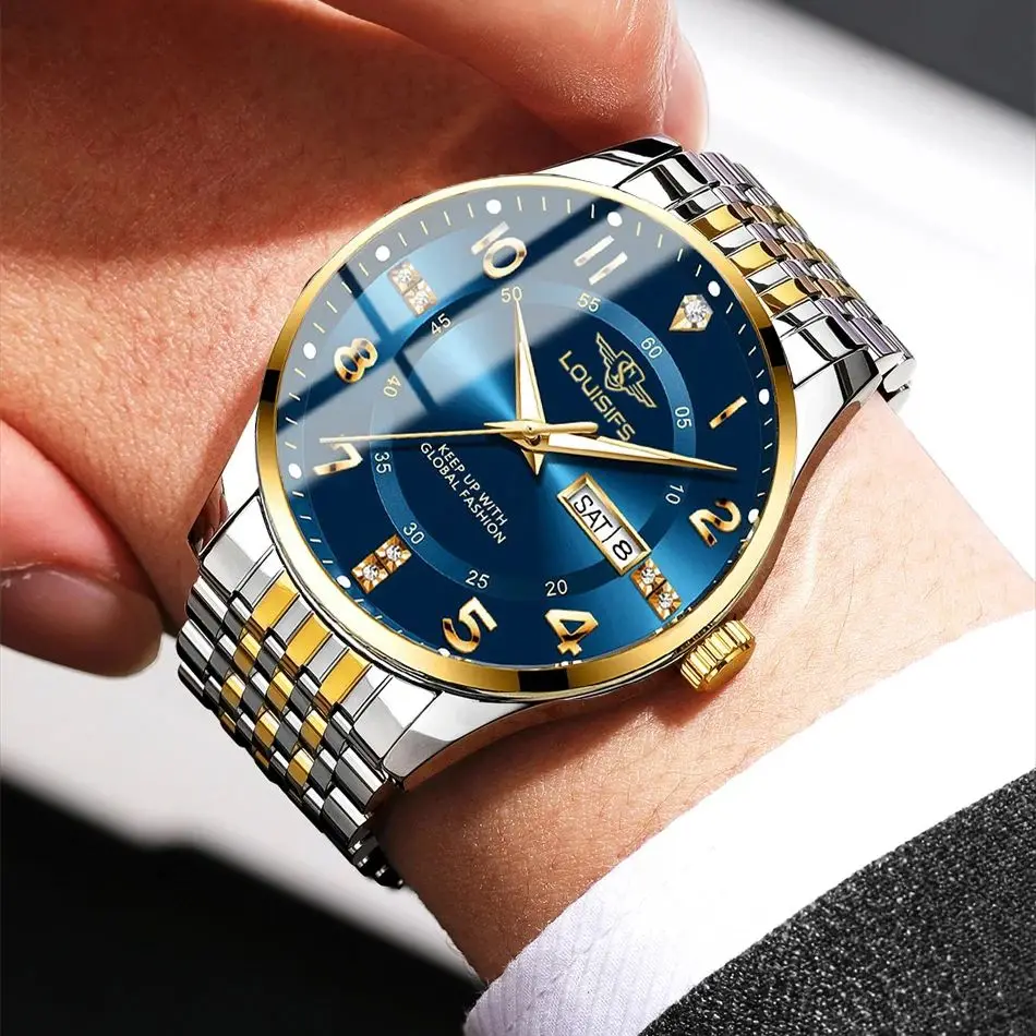 남성용 워터 다이아몬드 럭셔리 야광 더블 캘린더 쿼츠 무브먼트 40mm 블루 골드 스테인리스 스틸 패션 비즈니스 시계