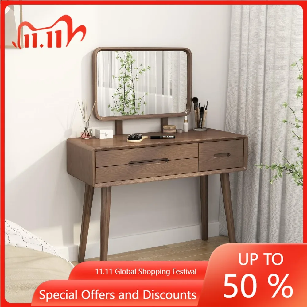 طاولة مكياج خشبية طبيعية مع مرآة مضاءة، طاولة تزيين خشبية صلبة مع 3 أوضاع إضاءة سطوع قابل للتعديل