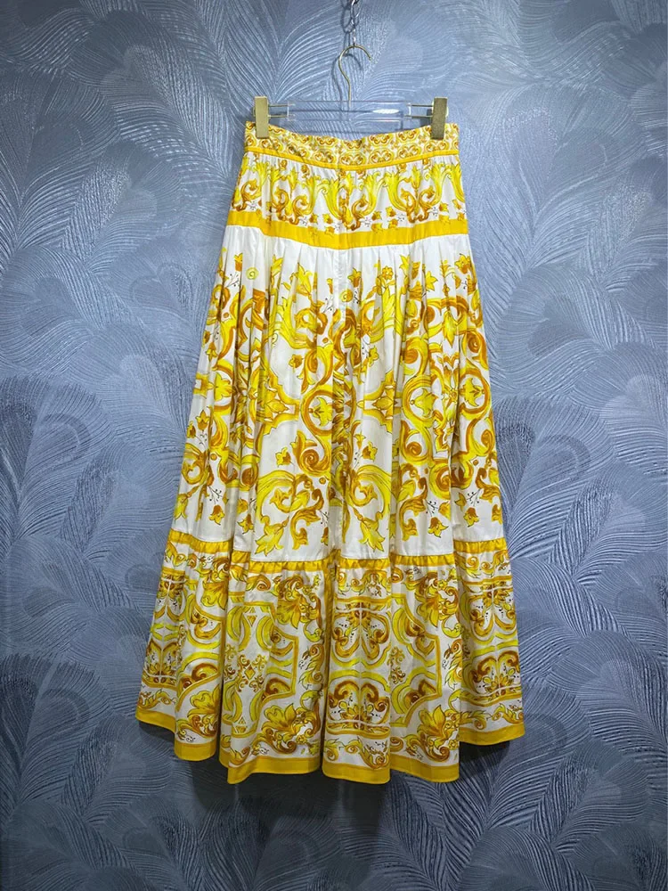 JUNLINNA Vintage Skirt Women Spring Summer Fashion Yellow Porcelain Printing Empire Party Holiday Expansion Half Dresses