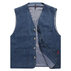 Fashion Casual Spring Autumn Men's V-Neck Solid Button Pockets Trend Versatile Safari Style Loose Sleeveless Cowboy Tank Tops