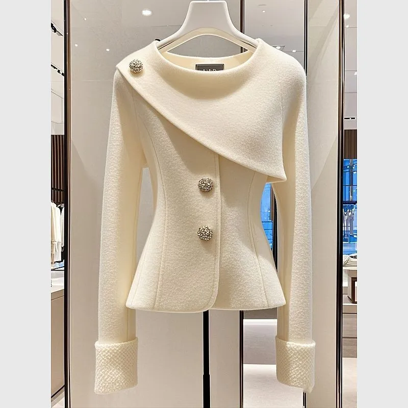 Limiguyue Autumn Winter Asymmetric Design Jacket High-end White Coat Women Small Fragrance O-neck Diamond Outwear Versatile 423P