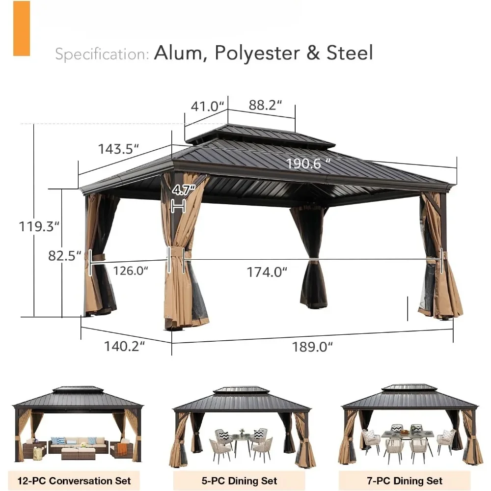 12x16 hard top pavilion,outdoor aluminum pavilion with galvanized steel double ventilation, roof canopy with sunshade curtains