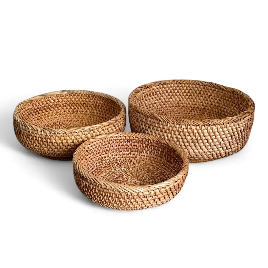 

Набор из 3-х круглых корзин из натурального ротанга: фруктовница, корзина для хлеба, маленькая плетеная корзина, ручная работа, декор для кухни, набор из 3 штук
