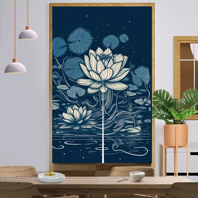 VIKAMA Oriental Lotus Pond Room Divider Curtain, Minimalist Water Lily Print Half Curtain, Entryway Home Decor