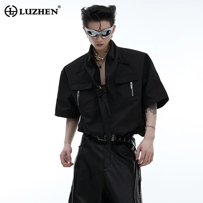 

LUZHEN Personalized Stylish Splicing Design Plain Short Sleeve Shirts Summer Original New Fashion Korean Men's Blouses LZ4519