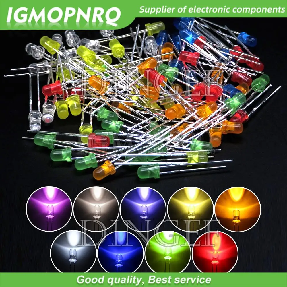 100PCS 3mm 5mm LED Diode F3 F5 Assorted Kit White Green Red Blue Yellow Orange Pink White DIY Light Emitting LED Diode Connector