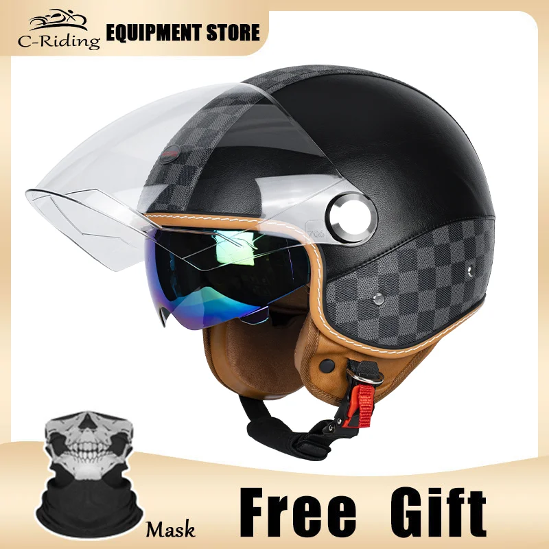 

Стильный ретро-черный решетчатый мотоциклетный шлем Thtee-Quarters с открытым лицом и кожаными акцентами, винтажный вид, современные функции безопасности