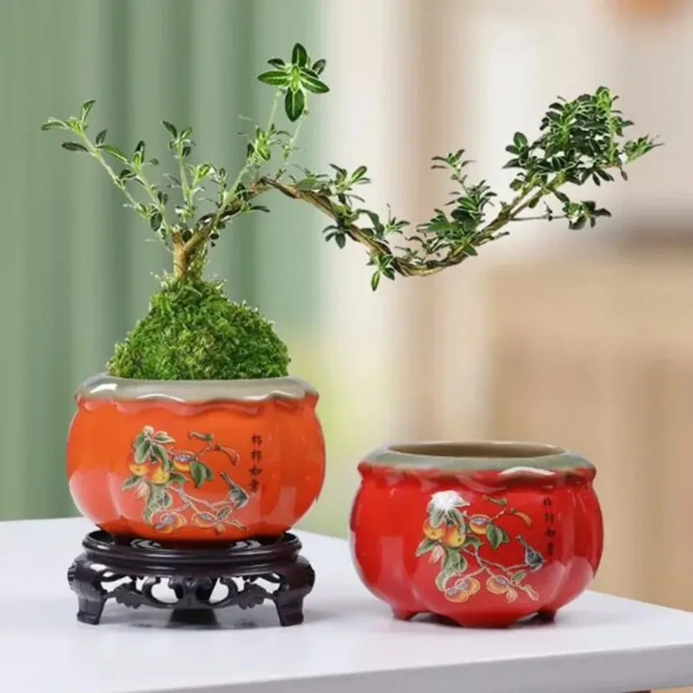 Chinese Style Ceramic Persimmon Flowerpot Green Radish Plant Pot Office Bonsai Vase Desktop Ornaments