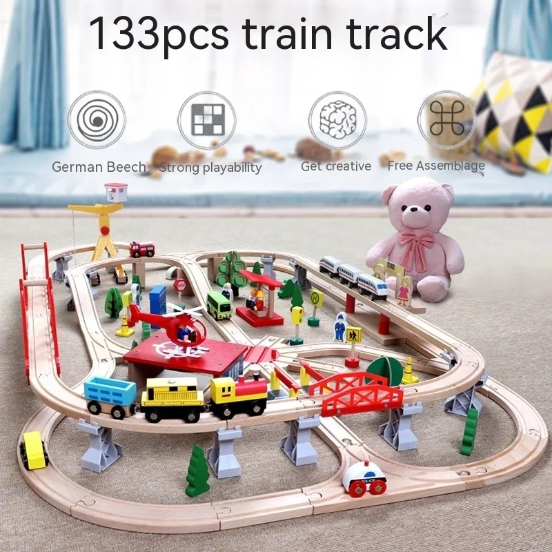 High Speed Railway 130p Wooden Wooden Track Car Harmony Electric Small Train Set Children\'s Wooden Track Electric Train Toy