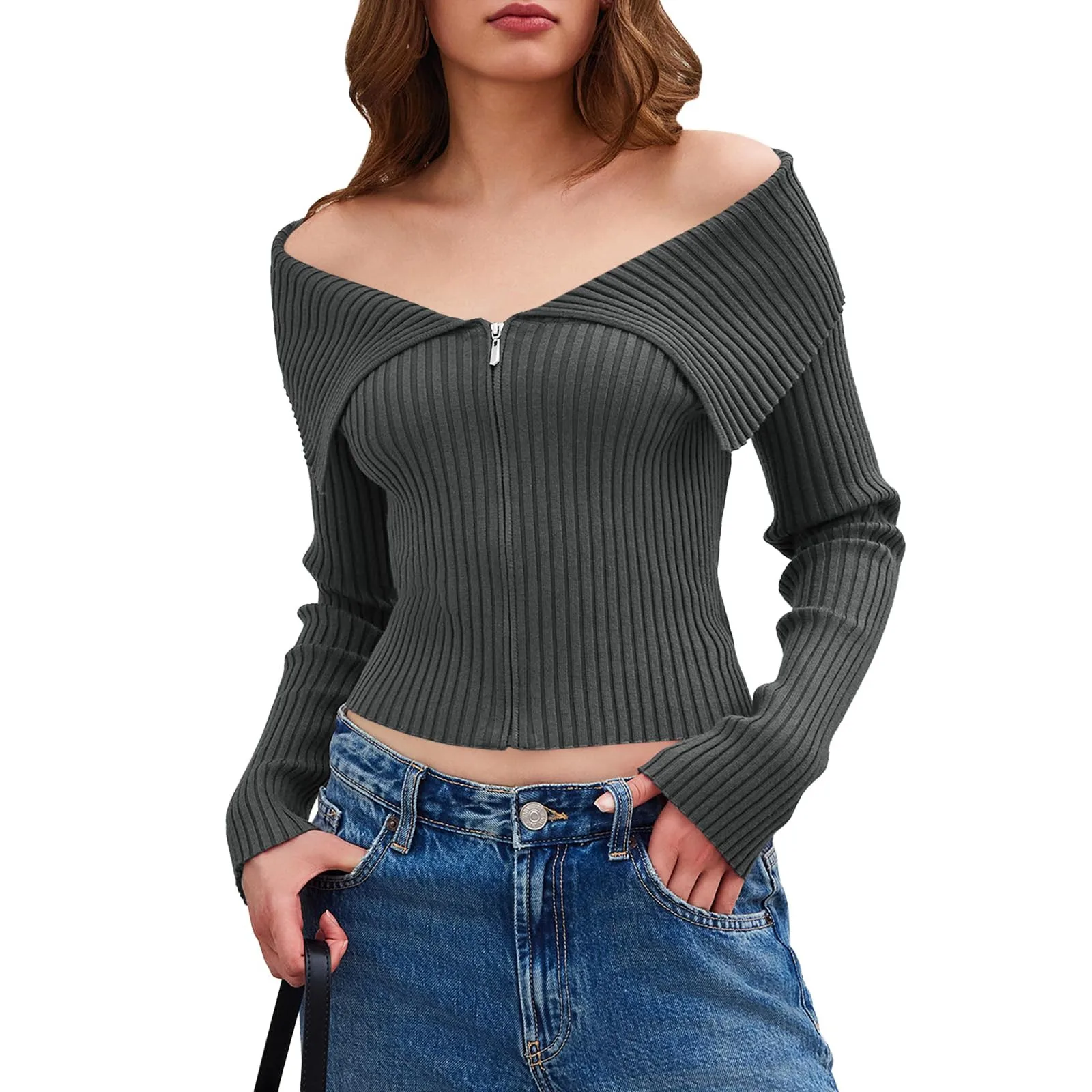 Bottoming Shirt Zipper Long Sleeve Solid Cardigan Cropped Knitting Top High Street Tshirts Y2k Clothes Pulls Rib White Sueter