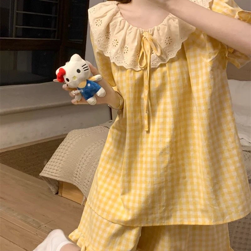 

Summer Plaid Sleepwear Women's Sweet Princess Style Cloud Cotton Short Sleeve Home Clothes Set Casual Comfortable round Neck