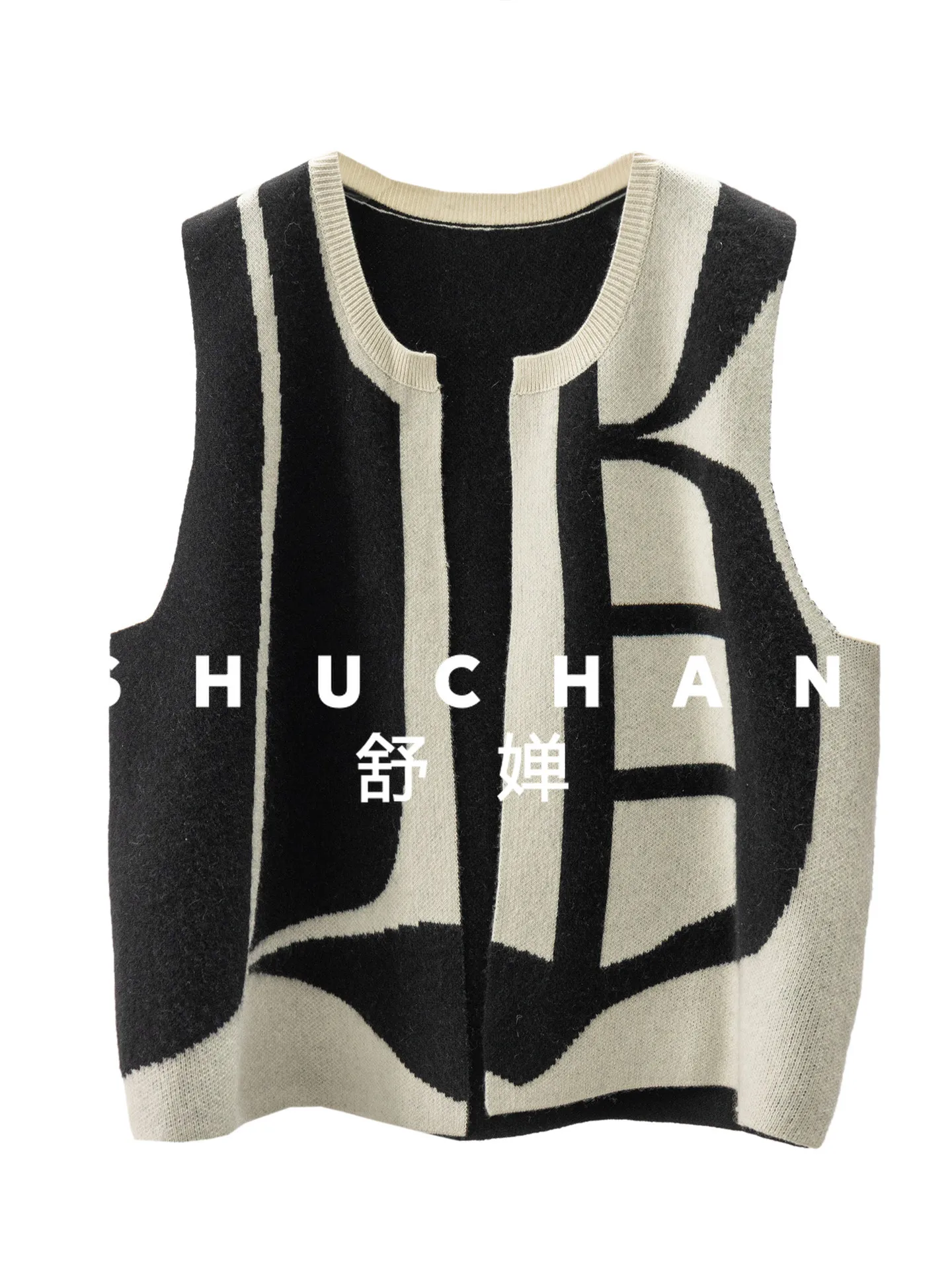 

Nordic 100 Cashmere Black and White Contrasting Color Jacquard Sweater Vest Female 94E9 Blusa De Frio Feminina